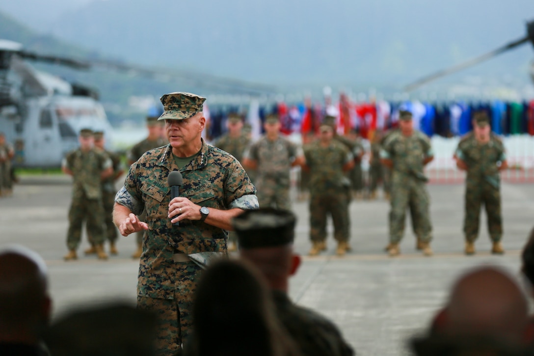 Commandant of the Marine Corps Gen. Robert Neller speaks during the MARFORPAC change of command ceremony at Marine Corps Base Hawaii, Aug. 8, 2018. The change of command ceremony represents the transfer of responsibility and authority over MARFORPAC from outgoing to incoming commanders.