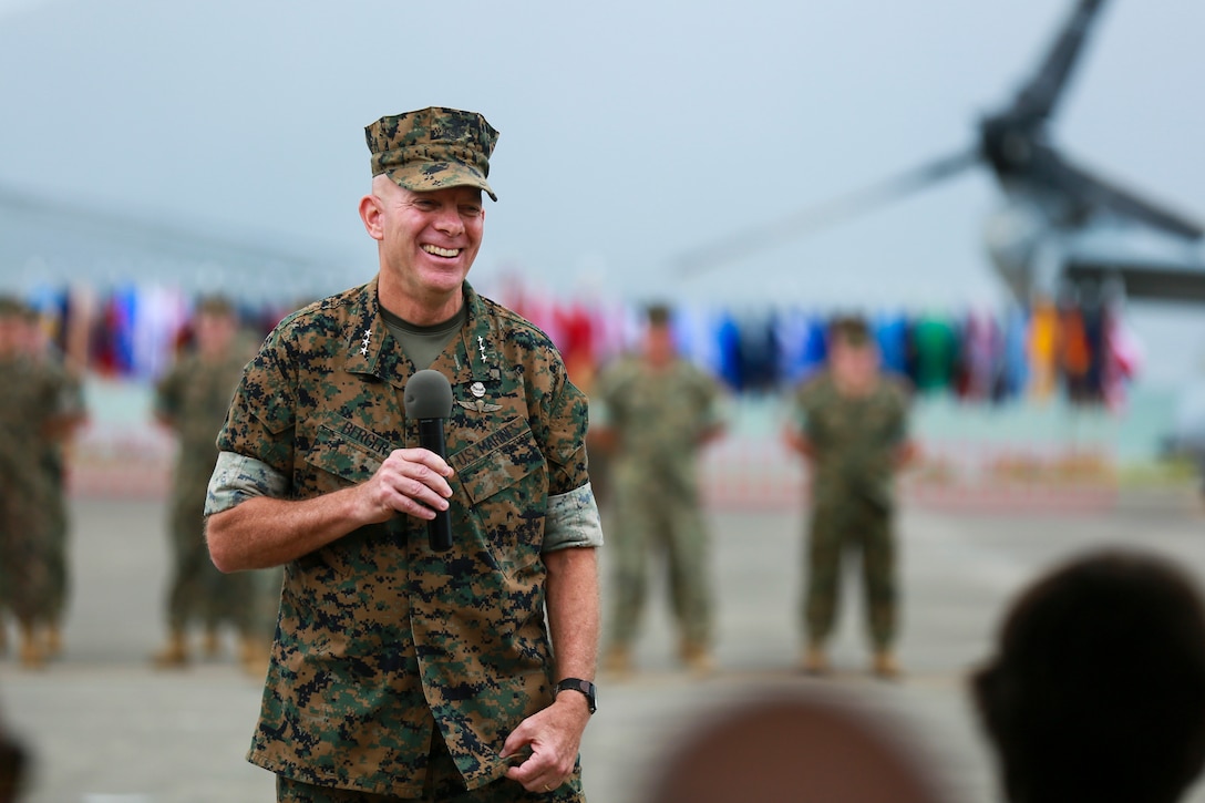 U.S. Marine Corps Lt. Gen. David H. Berger, outgoing commander, U.S. Marine Corps Forces, Pacific, speaks during the MARFORPAC change of command ceremony at Marine Corps Base Hawaii, Aug. 8, 2018. During the ceremony, Berger relinquished command to Lt. Gen. Lewis A. Craparotta.