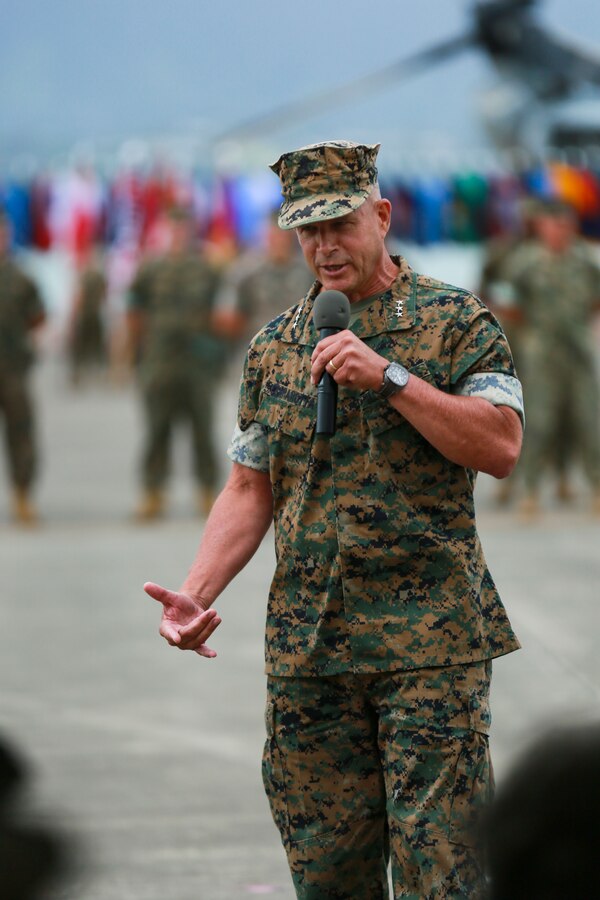 U.S. Marine Corps Lt. Gen. Lewis A. Craparotta, incoming commander, U.S. Marine Corps Forces, Pacific, speaks during the MARFORPAC change of command ceremony at Marine Corps Base Hawaii, Aug. 8, 2018. The change of command ceremony represents the transfer of responsibility and authority over MARFORPAC from outgoing to incoming commanders.