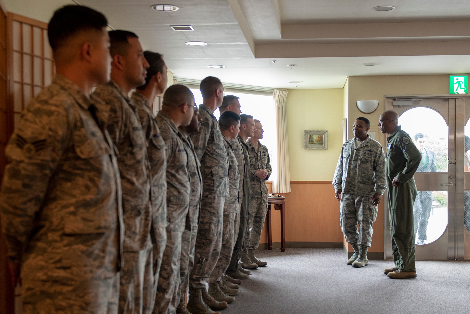 Col. Otis C. Jones, 374th Airlift Wing commander, introduces a few of the outstanding performers from Fifth Air Force and the 374 AW to Gen. CQ Brown, Jr., Pacific Air Forces commander, at Yokota Air Base, Japan, Aug. 8, 2018. This was Brown’s first trip to the region since taking command on July 26, 2018.