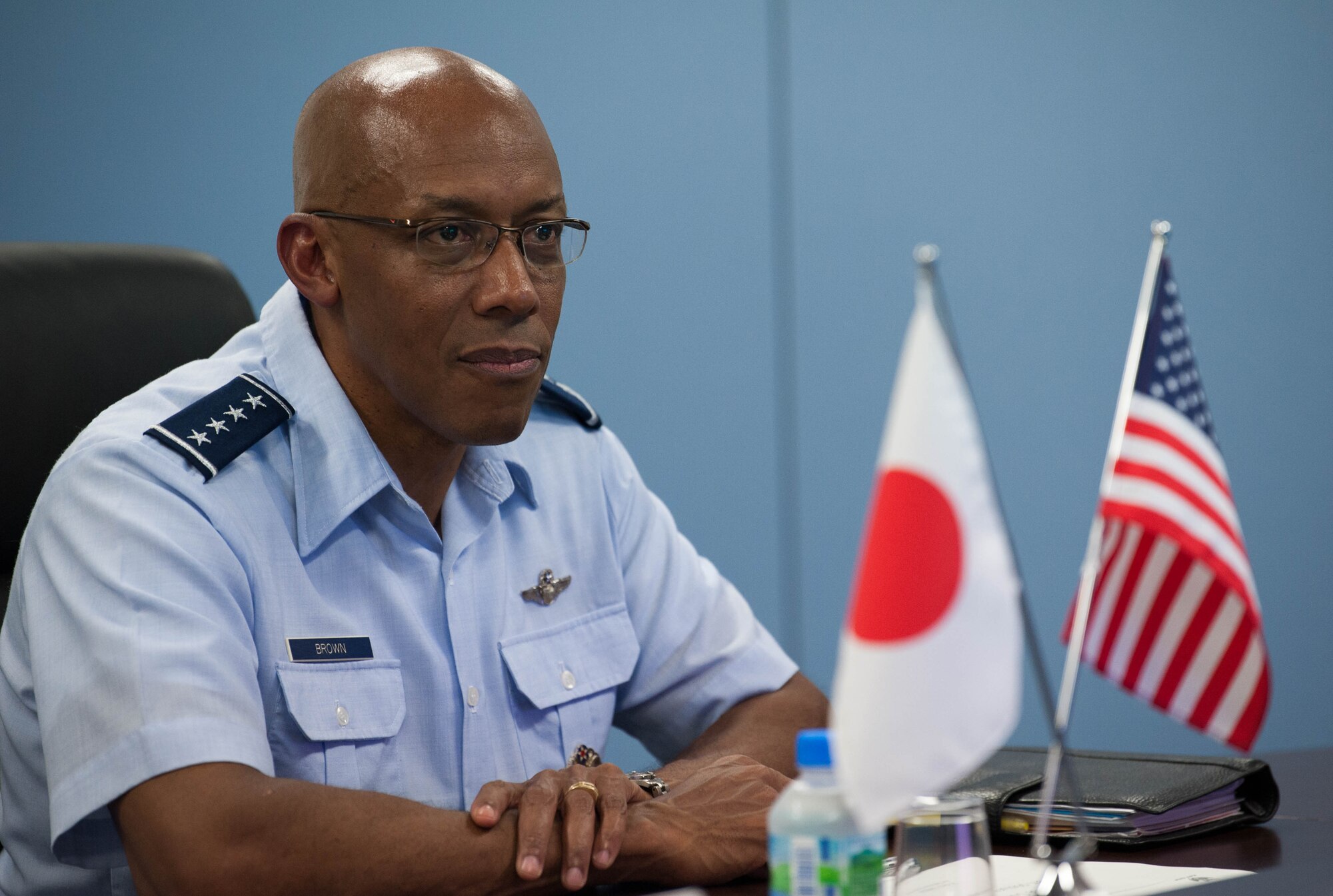 Gen. CQ Brown, Jr., Pacific Air Forces commander, attends an office call with Lt. Gen. Shigeki Muto, Air Defense Command (ADC) commander, during his visit to Yokota Air Base, Japan, Aug. 6, 2018. While at the ADC, Brown observed a ballistic missile defense demonstration and visited with the Airmen responsible for the vital mission set. (U.S. Air Force photo by Staff Sgt. Hailey Haux)