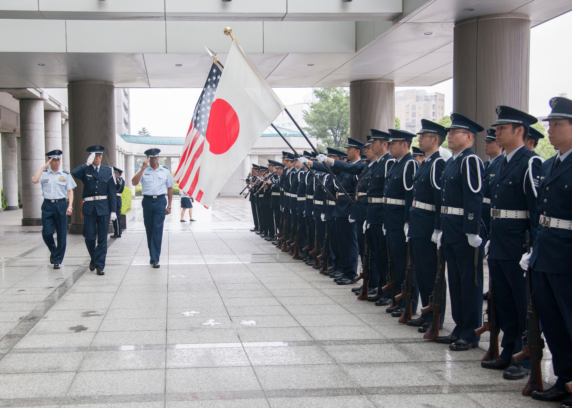 Gen. CQ Brown, Jr., Pacific Air Forces commander, and Gen. Yoshinari Marumo, Chief of Staff, Koku-Jietai (Japan Air Self Defense Force), perform an inspection of the honor guard during a ceremony at the Ministry of Defense in Tokyo, Japan, Aug. 7, 2018. Brown visited the country to affirm the United States' shared commitment to a free and open Indo-Pacific as well as to seek opportunities to enhance cooperation and coordination across the alliance. For more than 60 years, the U.S.-Japan alliance has been the cornerstone for stability and security in the region.