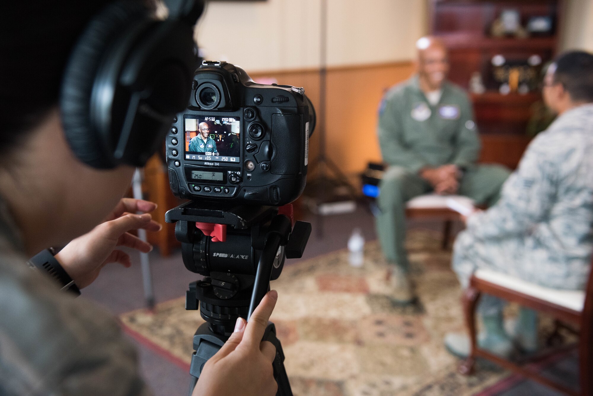 Gen. CQ Brown, Jr., Pacific Air Forces commander, is interviewed by American Forces Network Japan Airmen at Yokota Air Base, Japan, Aug. 8, 2018. During the interview, Brown discussed the importance of the U.S.-Japan alliance and the critical role Airmen play in ensuring a free and open Indo-Pacific region. (U.S. Air Force photo by Staff Sgt. Hailey Haux)