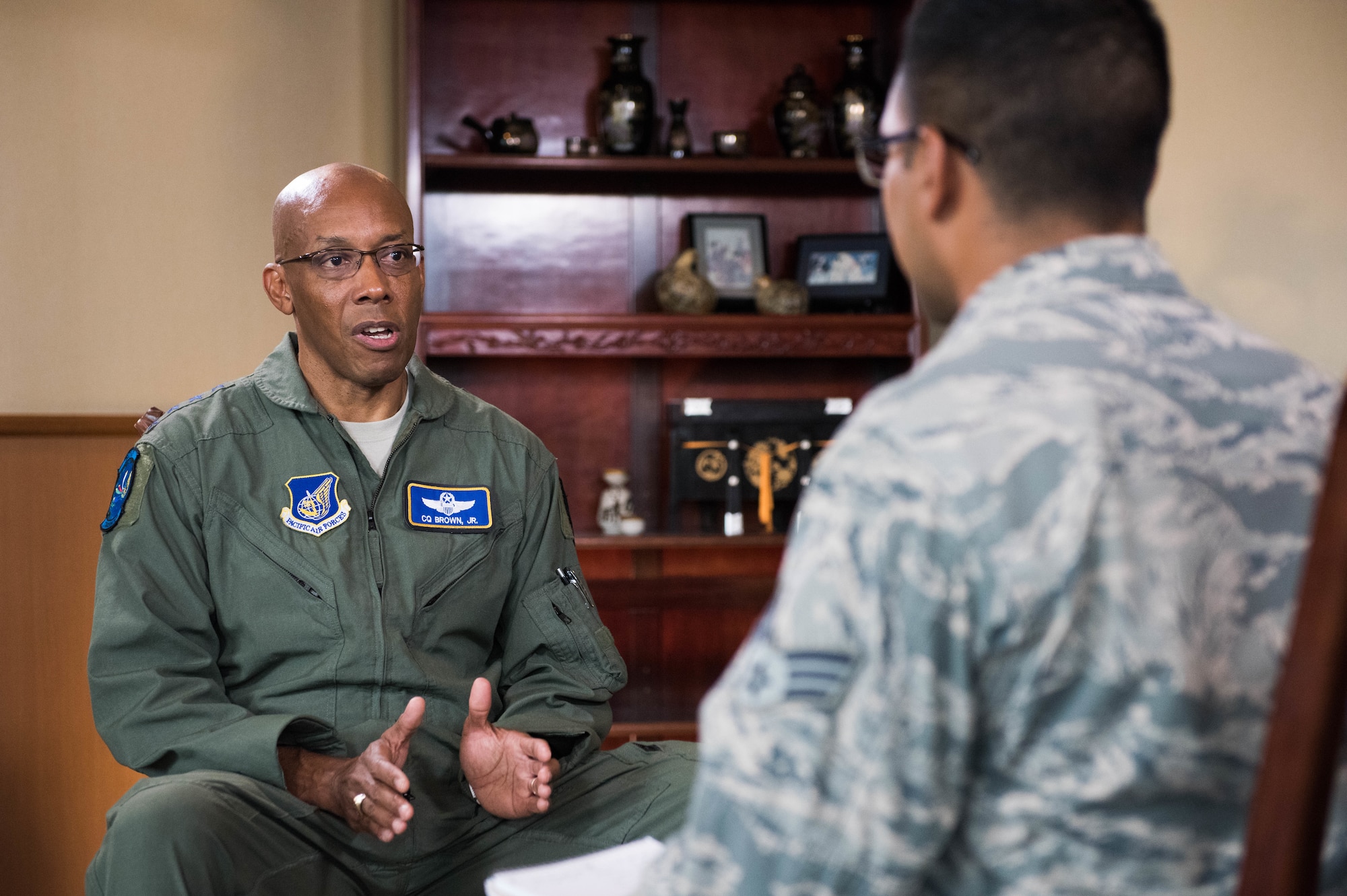 Gen. CQ Brown, Jr., Pacific Air Forces commander, is interviewed by Senior Airman Dhruv Gopinath, American Forces Network Japan, at Yokota Air Base, Japan, Aug. 8, 2018. During the interview, Brown discussed the importance of the U.S.-Japan alliance and the critical role Airmen play in ensuring a free and open Indo-Pacific region. ((U.S. Air Force photo by Staff Sgt. Hailey Haux)