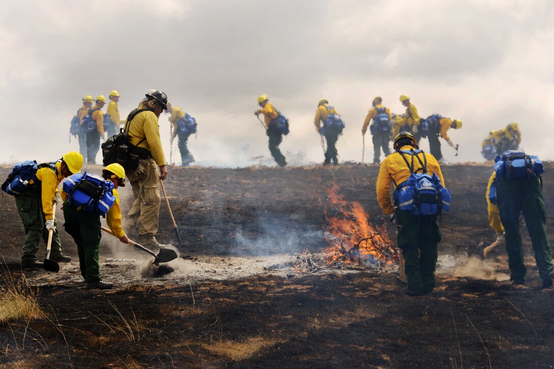 Soldiers use shovels and brush rakes while practicing to contain a wildland fire.