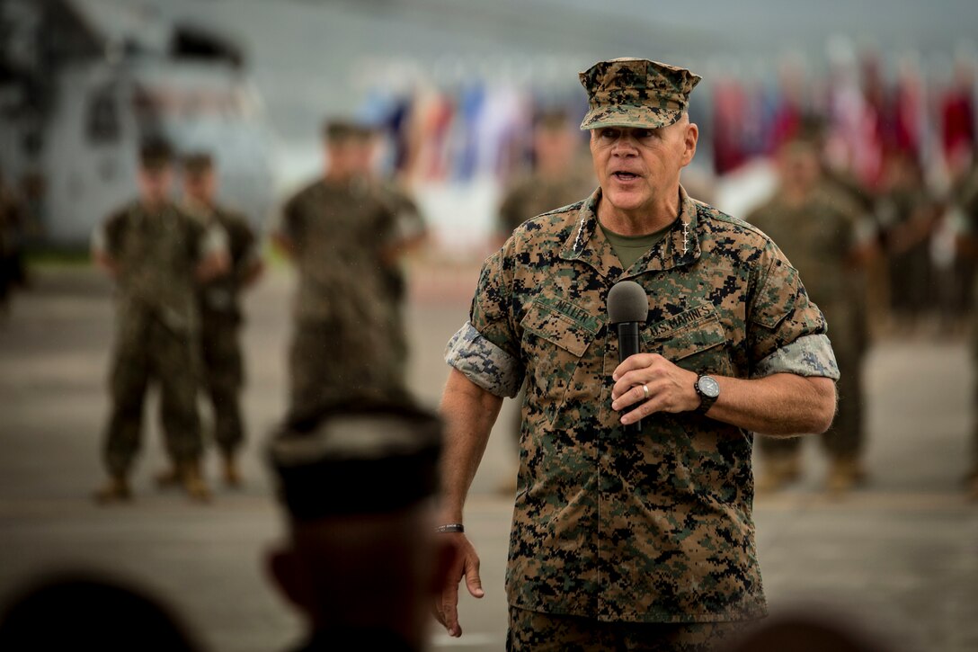 Commandant of the Marine Corps Gen. Robert B. Neller speaks during the MARFORPAC change of command ceremony at Marine Corps Base Hawaii, Aug. 8, 2018. The change of command ceremony represents the transfer or responsibility and authority between commanders. During the ceremony Lt. Gen. David H. Berger relinquished command to Lt. Gen. Lewis A. Craparotta.