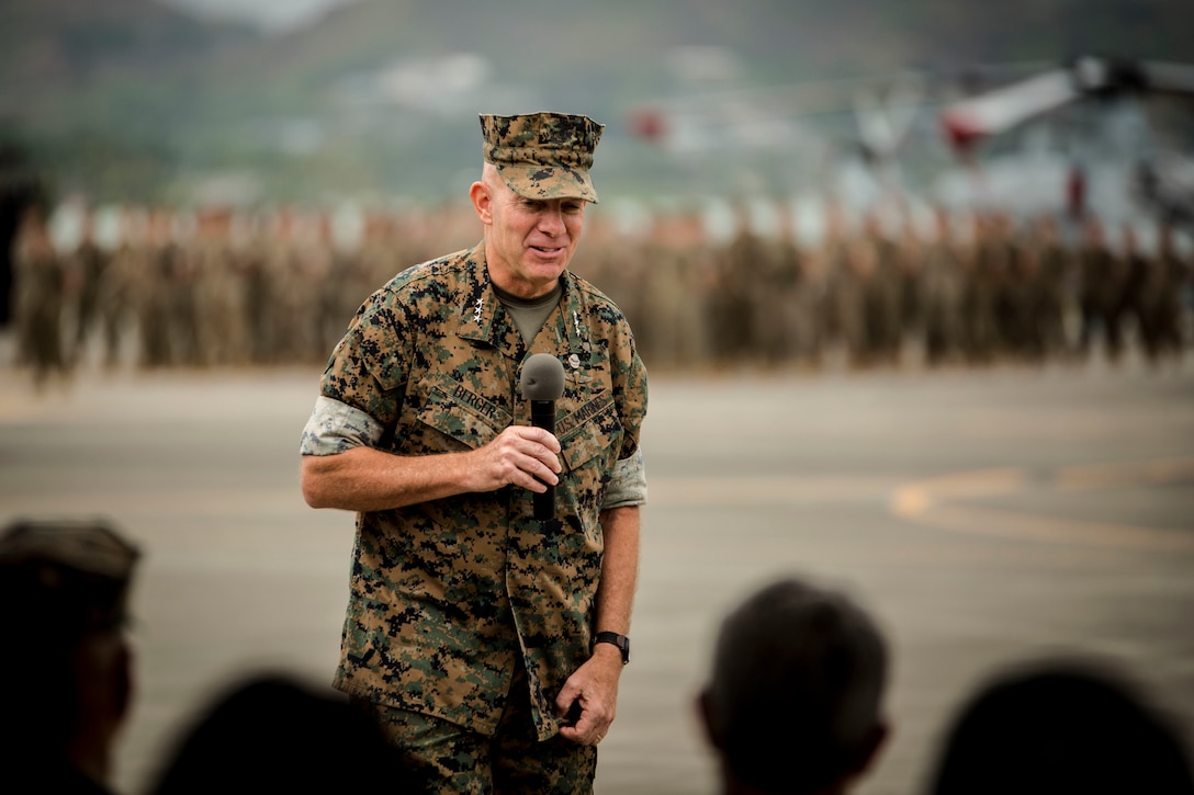 U.S. Marine Corps Lt. Gen. David H. Berger, outgoing commander, U.S. Marine Corps Forces, Pacific, speaks during the MARFORPAC change of command ceremony at Marine Corps Base Hawaii, Aug. 8, 2018. The change of command ceremony represents the transfer or responsibility and authority between commanders. During the ceremony Berger relinquished command to Lt. Gen. Lewis A. Craparotta.