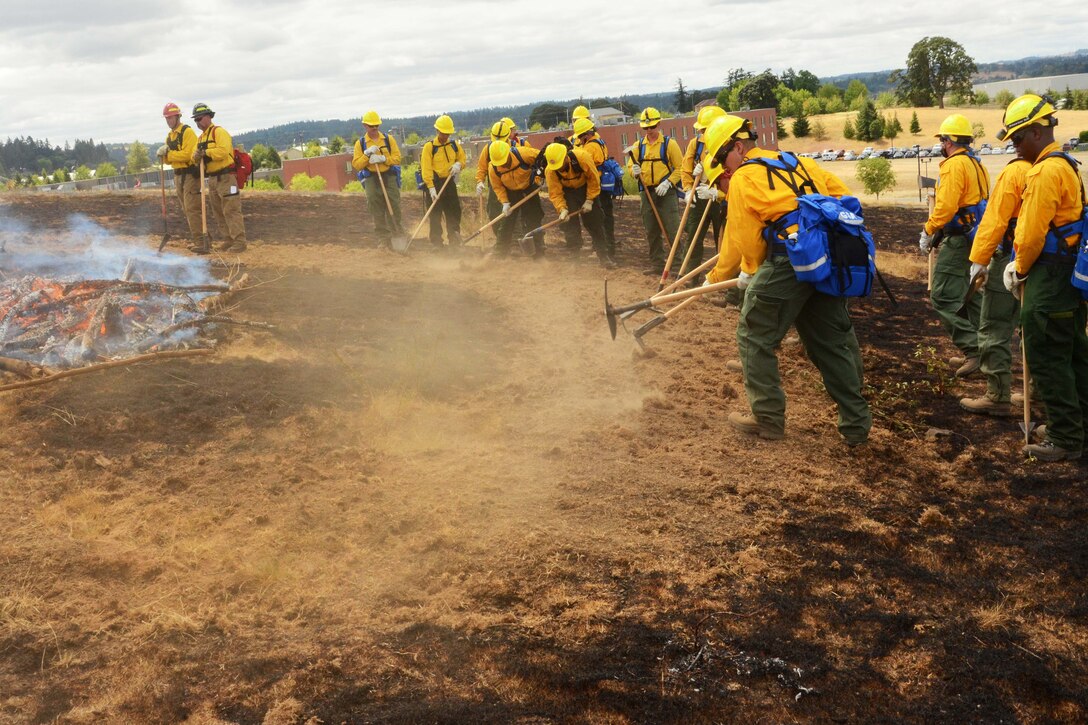 Soldiers use shovels and brush rakes while practicing to contain a wildland fire.