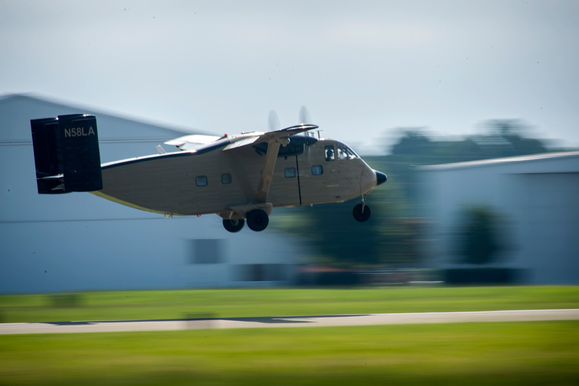 A Short SC-7 Skyvan, takes off, July 24, 2018, in Valdosta, Ga. Pararescuemen from the 38th Rescue Squadron (RQS) performed static-line jumps to maintain their jump proficiency qualifications. The mission of the 38th RQS is to employ combat ready rescue officers and pararescuemen to support units worldwide. (U.S. Air Force photo by Airman 1st Class Eugene Oliver)
