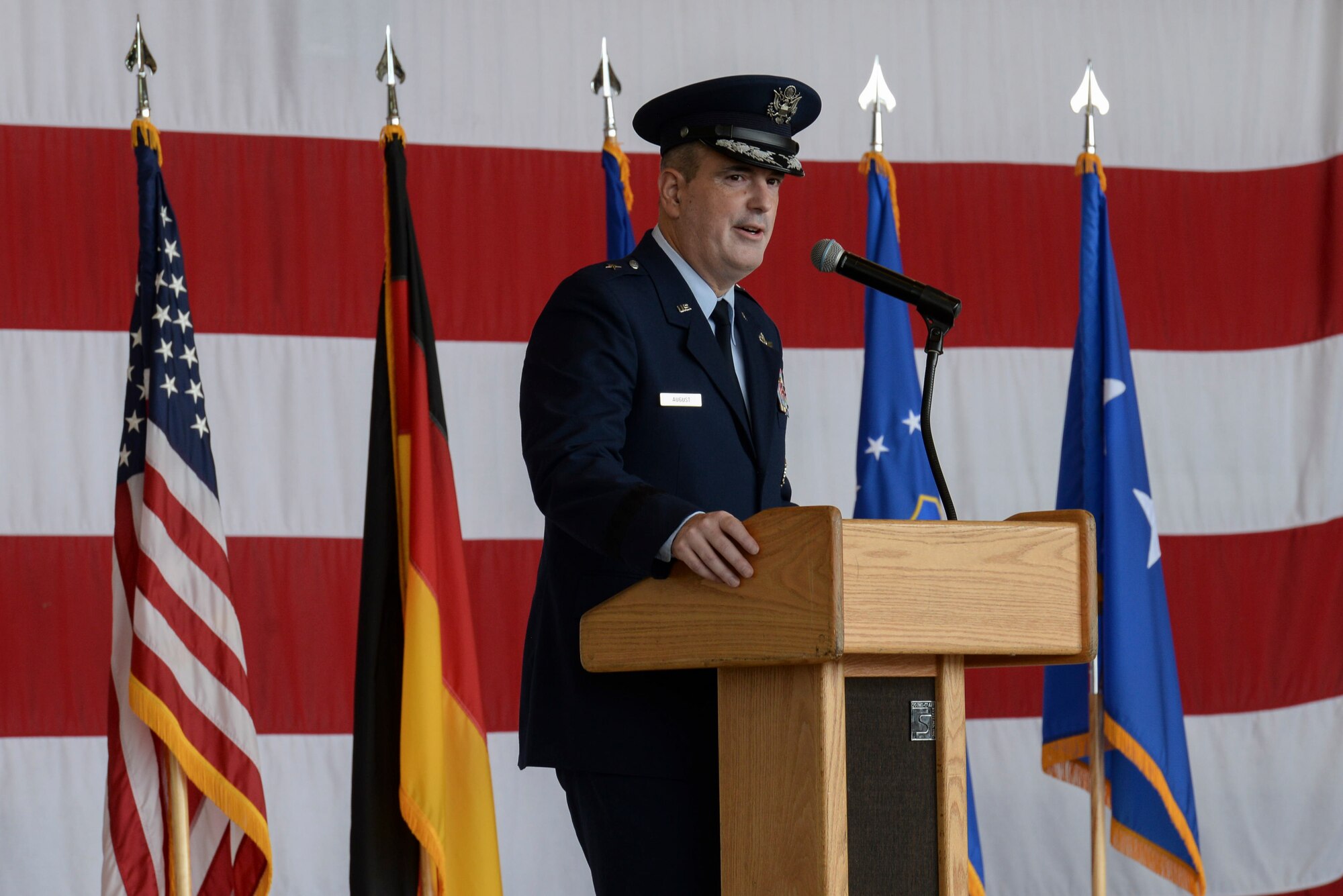 The men and women of the 86th Airlift Wing welcomed their new commander, Brig. Gen. Mark R. August, Aug. 9, 2018.