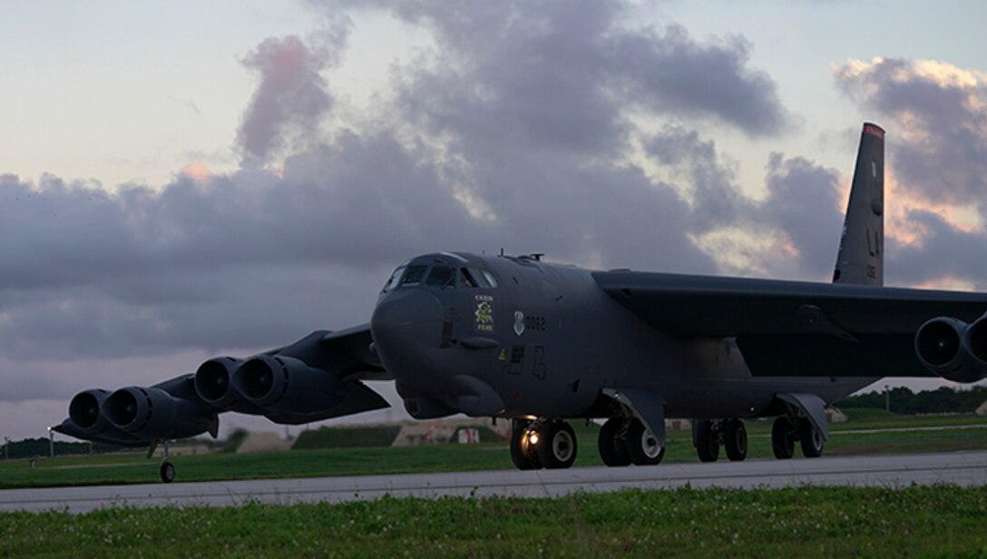 A U.S. Air Force B-52H Stratofortress bomber assigned to the 20th Expeditionary Bomb Squadron, deployed from Barksdale Air Force Base, La., prepares to takeoff from Andersen AFB, Guam, in support of a routine Continuous Bomber Presence (CBP) mission over south-east Queensland, Australia, June 19, 2018 (HST). The employment of CBP missions in the USINDOPACOM area of responsibility, conducted since March 2004, are in accordance with international law and are vital to the principles that are the foundation of the rules-based global operating system. (U.S. Air Force photo/Master Sgt. Richard P. Ebensberger)