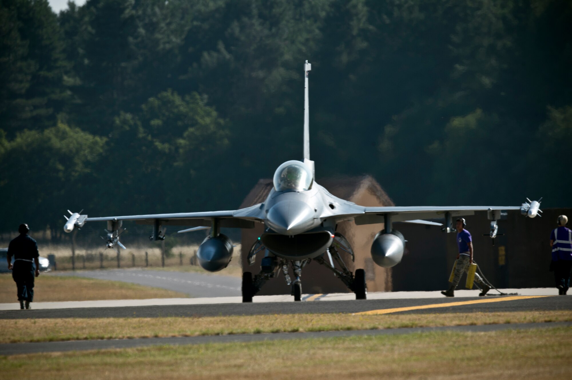 An F-16C Fighting Falcon from the 31st Fighter Wing, 510th Fighter Squadron, Aviano Air Base, Italy, prepares to taxi to the runway at Royal Air Force Lakenheath, England, Aug. 3, 2018. The 501th FS "Buzzards" completed a two-week flying training deployment to the United Kingdom Aug. 6, 2018. (U.S. Air Force photo by Master Sgt. Eric Burks)