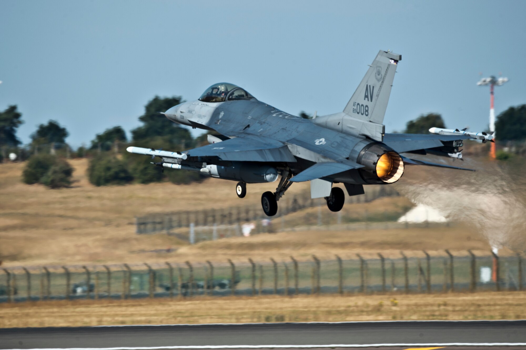An F-16C Fighting Falcon from the 31st Fighter Wing, 510th Fighter Squadron, Aviano Air Base, Italy, takes off at Royal Air Force Lakenheath, England, Aug. 3, 2018. During a two-week flying training deployment to the United Kingdom, the 510th FS "Buzzards" flew approximately 332 hours across 168 sorties. (U.S. Air Force photo by Master Sgt. Eric Burks)