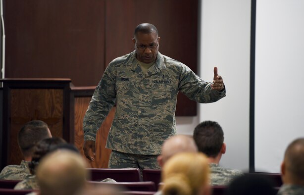 Chief Master Sgt. David Brown, 19th Air Force command chief, speaks to Airmen during an NCO all call Aug. 6, 2018, on Columbus Air Force Base, Mississippi. Meeting with staff and technical sergeants after the all call Brown gave advice, motivated, and inspired the next generation of leadership at Columbus AFB. (U.S. Air Force photo by Airman 1st Class Keith Holcomb)