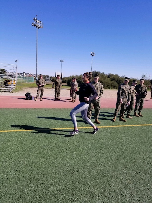 High school educator Briana Allen performs the combat fitness test aboard Marine Corps Recruit Depot San Diego during the Educators Workshop this past February. The workshop is a week-long program designed to better inform high school teachers, coaches and administrators about the benefits and opportunities available in the Marine Corps. (Photo by Sgt. Michelle Reif)