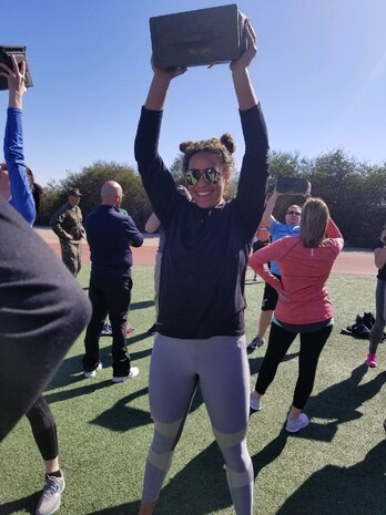 High school educator Briana Allen performs the combat fitness test aboard Marine Corps Recruit Depot San Diego during the Educators Workshop this past February. The workshop is a week-long program designed to better inform high school teachers, coaches and administrators about the benefits and opportunities available in the Marine Corps. (Photo by Sgt. Michelle Reif)