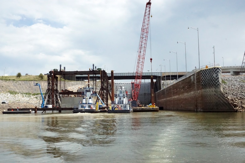 The U.S. Army Corps of Engineers Nashville District and its contractor partner Johnson Brothers put a 1.3 million pound concrete shell into position Aug. 6, 2018 on the riverbed on downstream end of Kentucky Lock where it will be part of a coffer dam and eventually a permanent part of the new lock wall for the Kentucky Lock Addition Project. It is the first of 10 shells that will be placed over the next year. The lock is located at Kentucky Dam, which is a Tennessee Valley Authority project at Tennessee River mile 22.4. (USACE Photo by Mark Rankin)