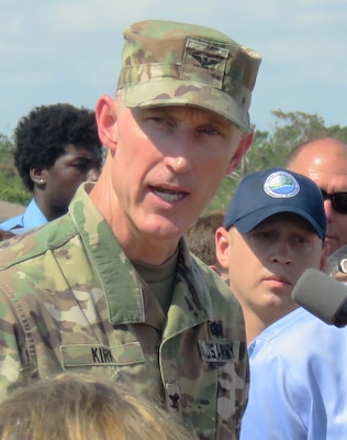 U.S. Army Corps of Engineers Commander Col. Jason Kirk talks about rehabilitation of the Herbert Hoover Dike during an event on Oct. 8, 2017.  USACE has invested more than $1 billion in rehabilitation activities to reduce risk near the 143-mile earthen dam that surrounds Lake Okeechobee in south Florida.
