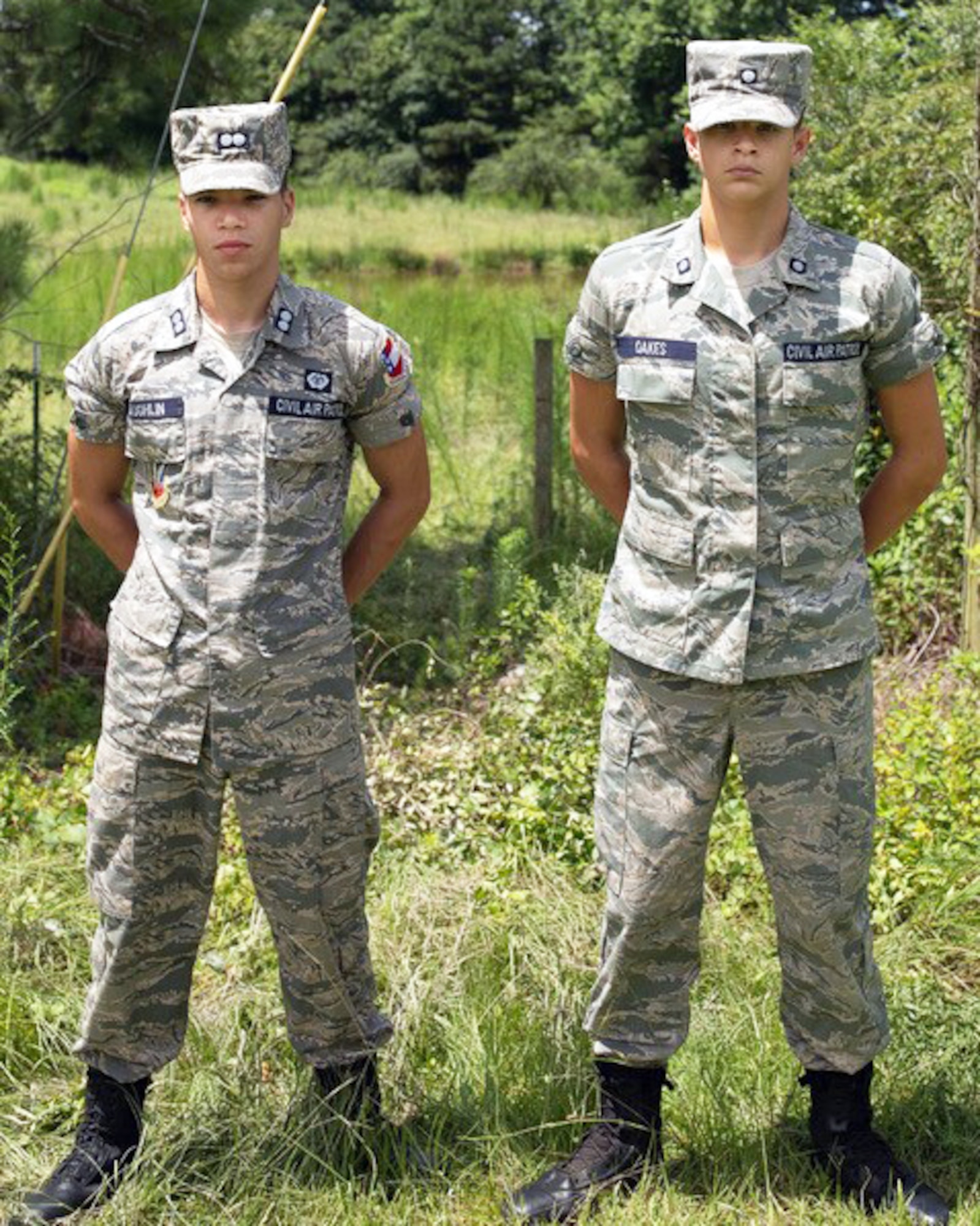 Cadet 1st Lt. Davis Laughlin (left) and Cadet 2nd Class Nathaniel Justin Oakes, members of the Peachtree City Falcon Field Composite Squadron of the Civil Air Patrol, were credited with saving a man's life following a multi-car accident Aug. 2, 2018, in Coweta County, Ga. Both Laughlin and Oakes credited their CAP training for their actions that night. (Courtesy photo)