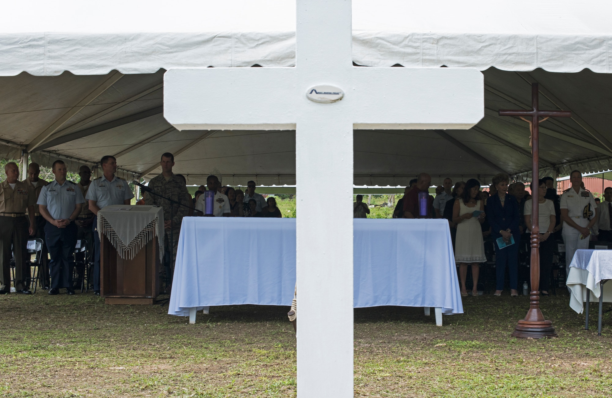 The Chaguian Massacre Memorial is held Aug. 8, 2018, in Yigo, Guam. The ceremony honored the lives of Chamorro men who were slain at the site in the wake of World War II. U.S. service members, Japanese dignitaries, local Chamorros, and descendants of the victims all attended to pay their respects. (U.S. Air Force photo by Tech. Sgt. Jake M. Barreiro)