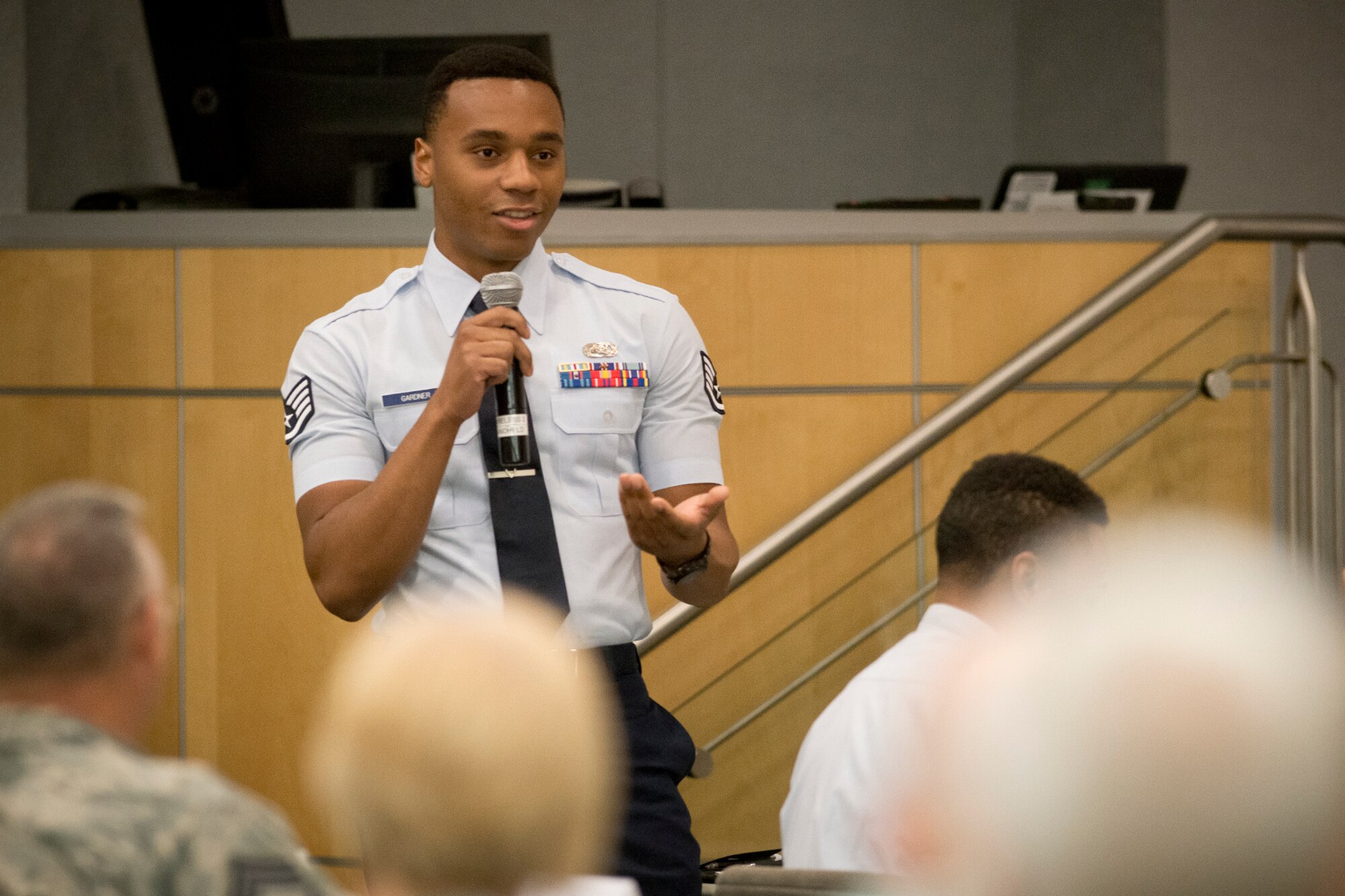 Staff Sgt. Wilson Gardner, one of the Air National Guard Outstanding Airmen of the Year attended the Chief's Executive Course at the ANG Readiness Center, Joint Base Andrews, Md., August 7, 2018, where he addressed the chiefs panel, sharing his thoughts on issues facing the enlisted members of the force. (U.S. Air National Guard photo by Master Sgt. Marvin Preston).