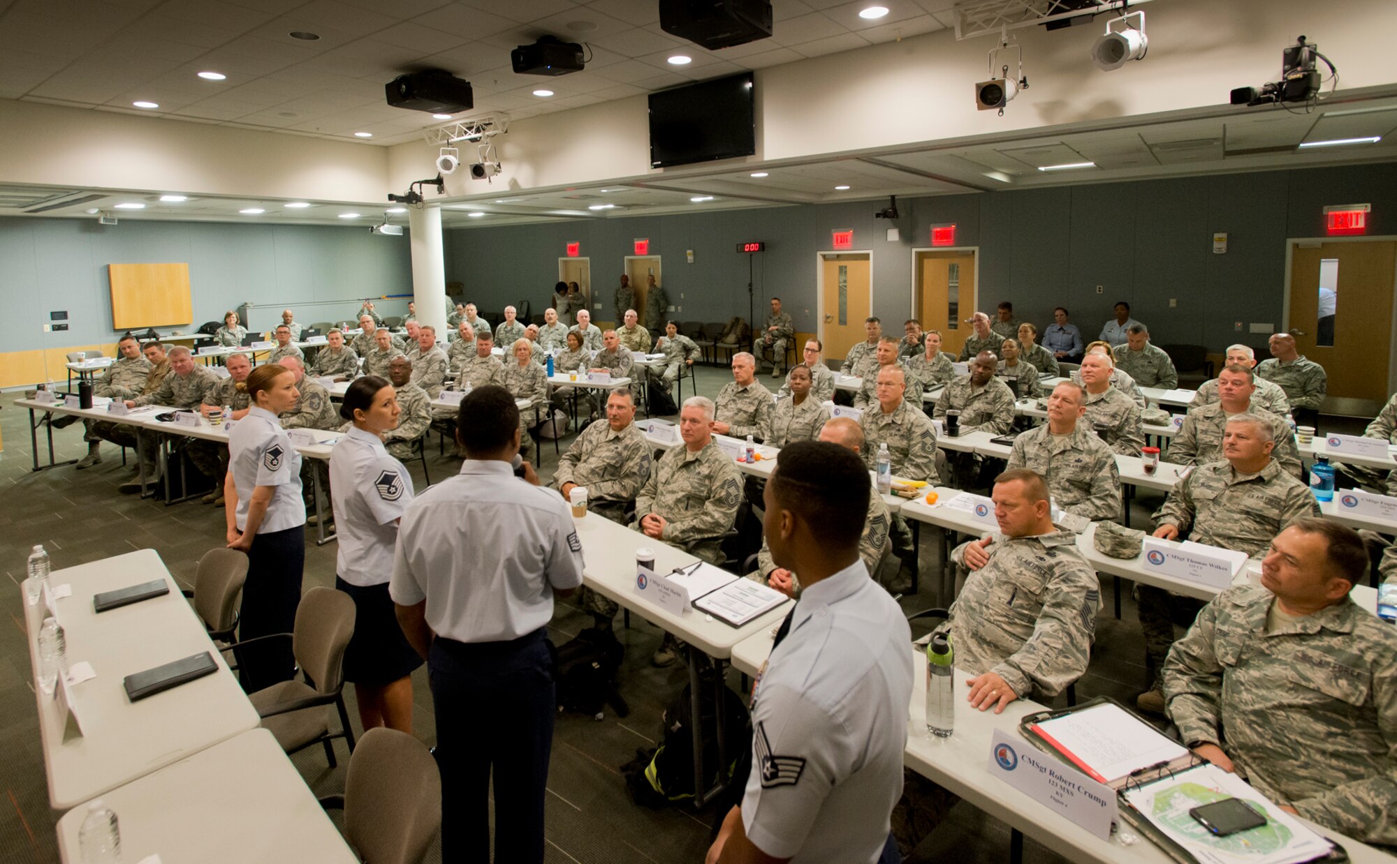 The ANG Outstanding Airmen of the Year attended the Chief's Executive Course today where they were addressed by Sergeant Major John W. Troxell, senior enlisted advisor to the Chairman of the Joint Chiefs of Staff. The SEAC discussed his duties as SEAC, shared his thoughts on leadership and engaged with the honorees on issues facing the enlisted members of the force. (U.S. Air National Guard photo by Master Sgt. Marvin Preston).