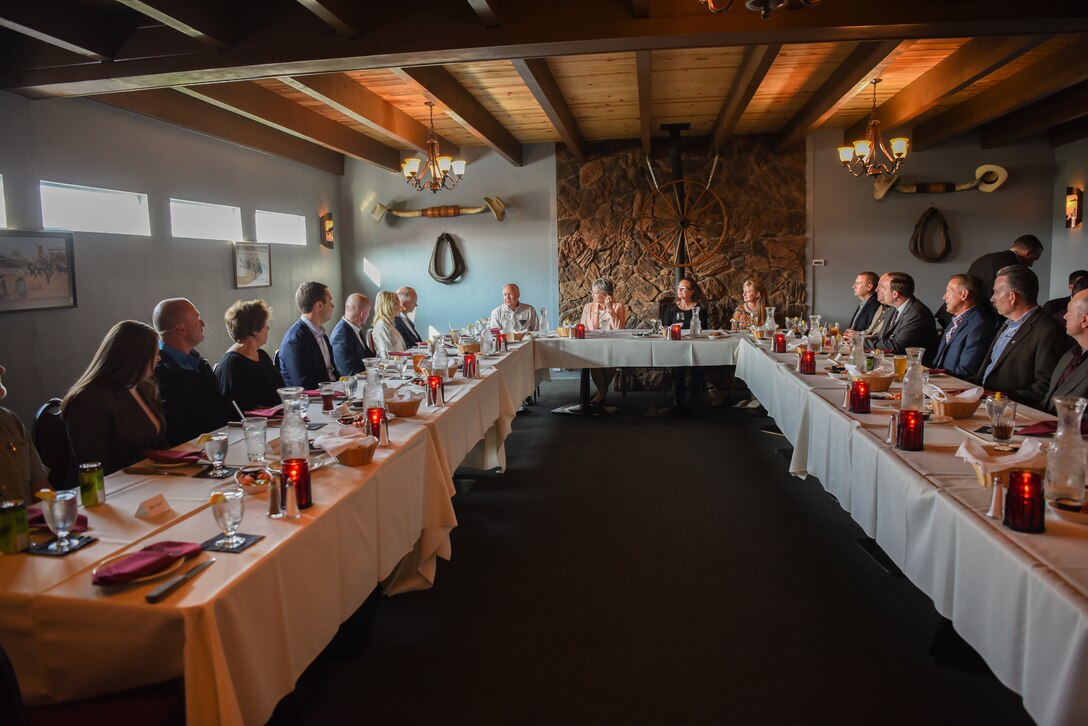 Air Force and local civic leaders gather for dinner with Secretary of the Air Force Heather Wilson Aug. 7, 2018, at Little Bear Inn, Cheyenne, Wyo. Wilson shared words of thanks to Matt Mead, Wyoming governor, in appreciation toward the support and hospitality to the military in Wyoming. Wilson visited F.E. Warren Air Force Base to emphasize the importance of the 90th Missile Wing’s deterrence mission and to thank the Airmen for ensuring the mission is accomplished safely, securely and effectively every day. (U.S. Air Force photo by Airman 1st Class Abbigayle Wagner)