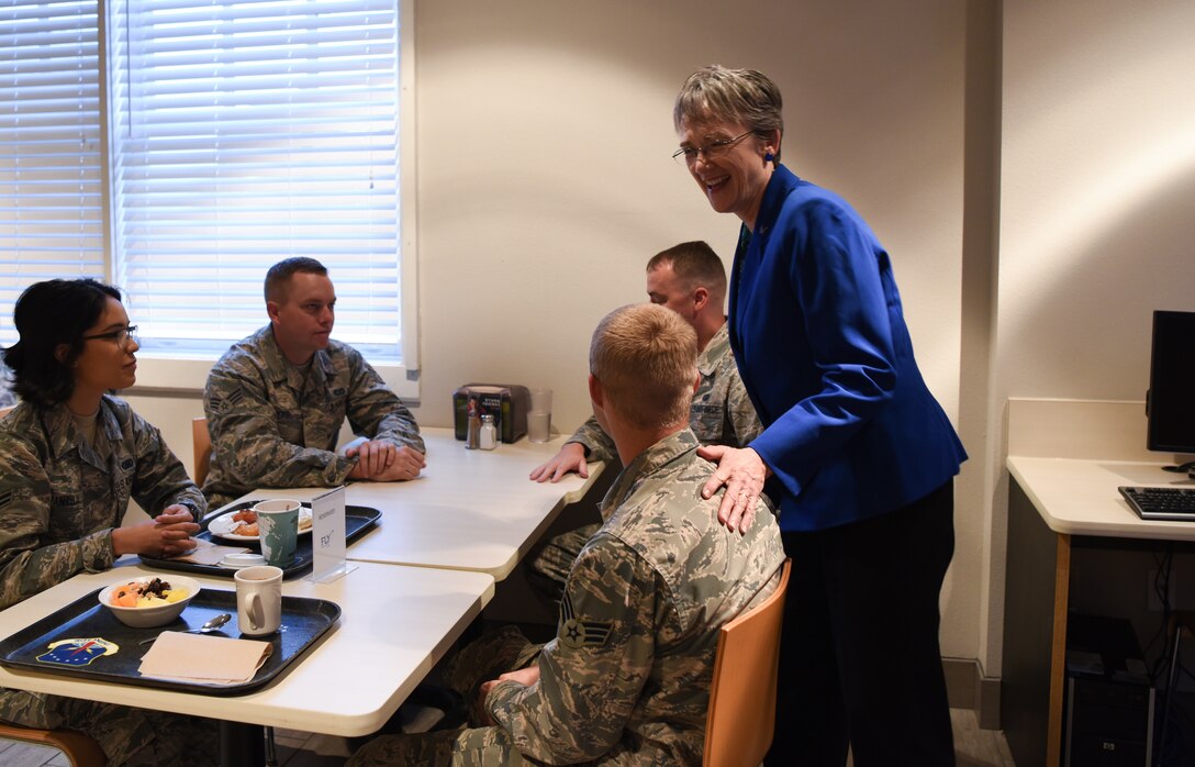 Secretary of the Air Force Heather Wilson greets Airmen during breakfast Aug. 8, 2018, at F.E. Warren Air Force Base, Wyo. Airmen of all ranks from various units across the base gathered for breakfast to provide Wilson with an overall perspective of their concerns and anticipations for the Air Force. Wilson visited F.E. Warren Air Force Base to emphasize the importance of the 90th Missile Wing’s deterrence mission and to thank the Airmen for ensuring the mission is accomplished safely, securely and effectively every day. (U.S. Air Force photo by Airman 1st Class Abbigayle Wagner)