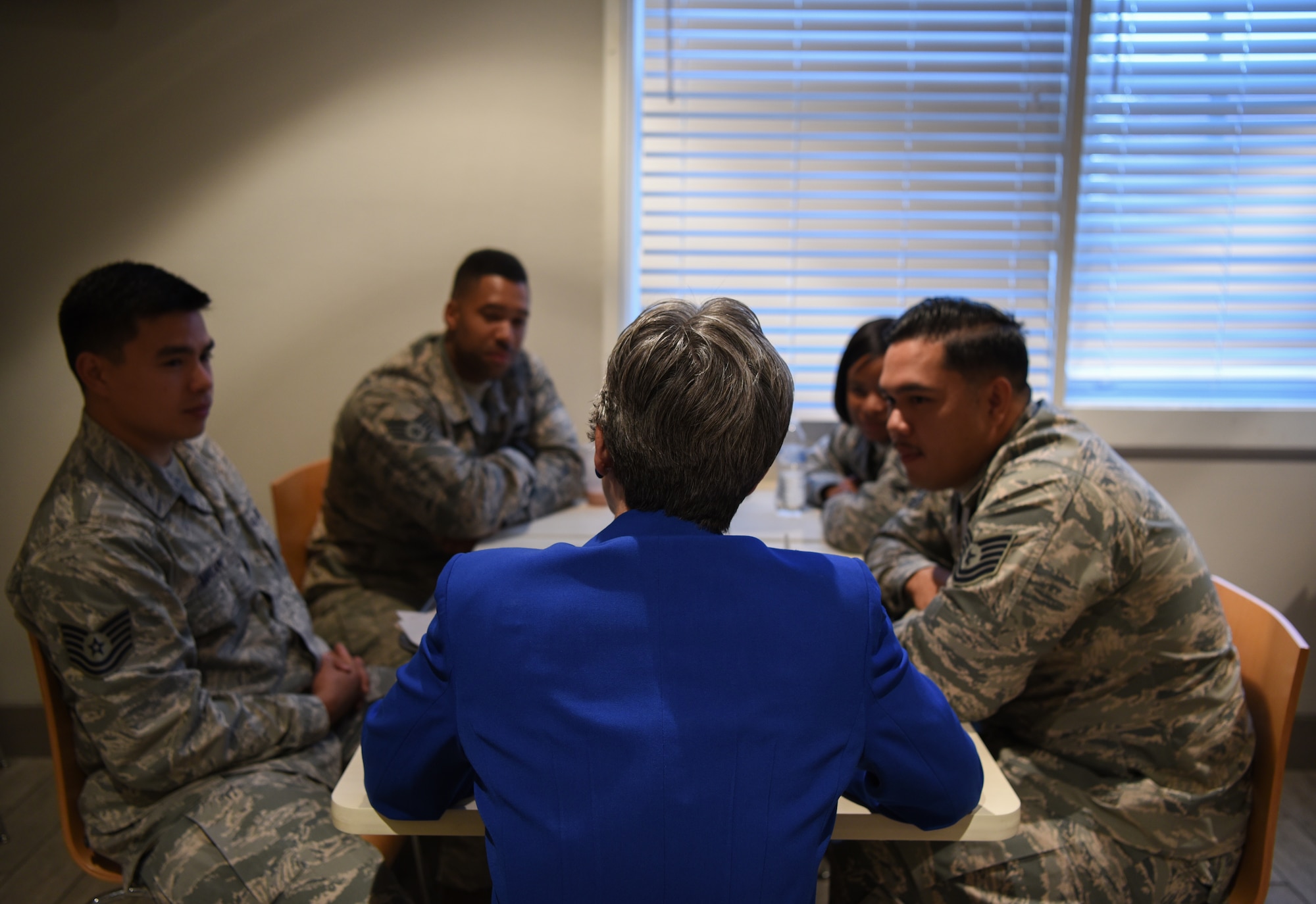 Secretary of the Air Force Heather Wilson speaks to Airmen during breakfast about life at F.E. Warren and their career within the military Aug. 8, 2018, at F.E. Warren Air Force Base, Wyo. Wilson was able to speak with several groups of Airmen during the breakfast and provided insight to the rumored changes regionally and nationally impacting the Air Force. Wilson visited F.E. Warren Air Force Base to emphasize the importance of the 90th Missile Wing’s deterrence mission and to thank the Airmen for ensuring the mission is accomplished safely, securely and effectively every day. (U.S. Air Force photo by Airman 1st Class Abbigayle Wagner)
