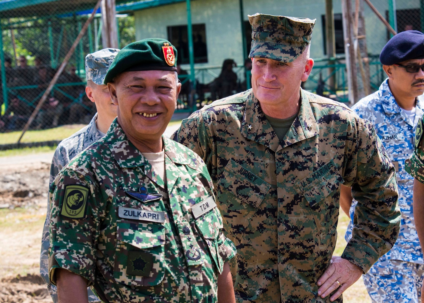 KOTA KINABALU, Malaysia (August 10, 2018) - Brig. Gen. William Jurney, Commanding General of 3rd Marine Infantry Division, and Maj. Gen. Dato� Zulkapri bin Rahamat, General of Officer Commanding Task Force 450, meet before the opening ceremony of Cooperation Afloat Readiness and Training (CARAT) Malaysia on Kota Belud Marine Base. CARAT Malaysia in its 24th iteration, is designed to enhance information sharing and coordination, build mutual warfighting capability and support long-term regional cooperation enabling both partner armed forces to operate effectively together as a unified maritime force.