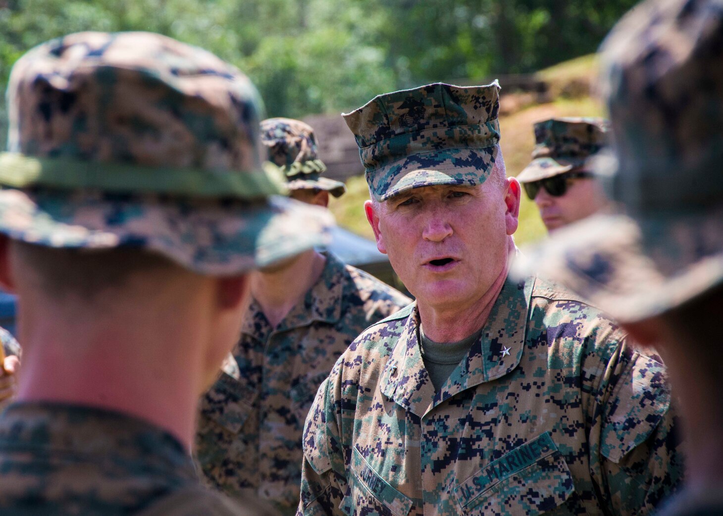 180810-N-FV739-126
KOTA KINABALU, Malaysia (August 10, 2018) - Brig. Gen. William Jurney, Commanding General of 3rd Marine Infantry Division, speaks to Marines during the opening ceremony of Cooperation Afloat Readiness and Training (CARAT) Malaysia on Kota Belud Marine Base. CARAT Malaysia in its 24th iteration, is designed to enhance information sharing and coordination, build mutual warfighting capability and support long-term regional cooperation enabling both partner armed forces to operate effectively together as a unified maritime force.