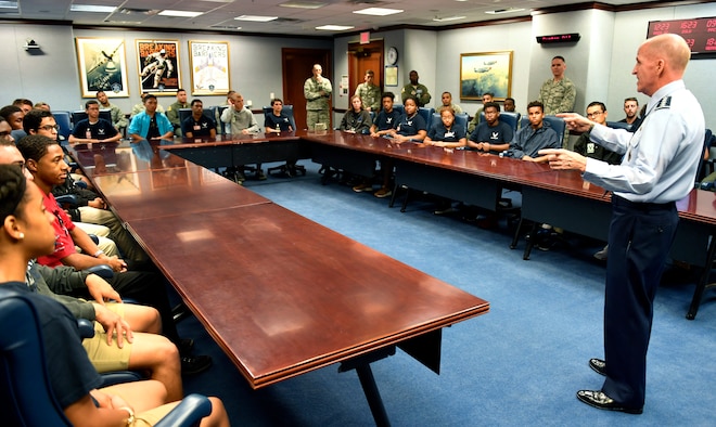 Vice Chief of Staff of the Air Force Gen. Stephen W. Wilson speaks with trainees from the Aviation Character Education Flight Program (ACE), Pentagon, Arlington, Va.,, August 1, 2018. The ACE program is a unique mentorship and motivational program for high school students and Air Force cadets.  (U.S. Air Force photo by Wayne A. Clark)