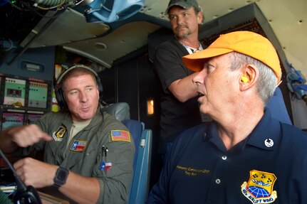 U.S. Air Force Tech. Sgt. Ryan Lohrer, 68th Airlift Squadron flight engineer, explains equipment and functions on a C-5M Super Galaxy aircraft to civilian employers during an Operation Boss Lift flight from Joint Base San Antonio-Lackland, Texas, Aug. 4, 2018. The flight was part of an event the Texas Employer Support of the Guard and Reserve program organized with the 433rd Airlift Wing to facilitate conversation between Reserve Citizen Airmen and their civilian employers. (U.S. Air Force photo by Staff Sgt. Lauren M. Snyder)