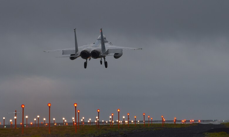 An F-15C Eagle assigned to the 493rd Expeditionary Fighter Squadron lands at Keflavik Air Base, Iceland, Aug. 2, 2018, during NATO’s Icelandic Air Surveillance mission. NATO allies deploy aircraft and personnel to support this critical mission three times a year, with the U.S. responsible for at least one rotation annually. (U.S. Air Force photo/Staff Sgt. Alex Fox Echols III)