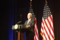 Vice President Mike Pence speaks to a Pentagon audience to announce the administration’s plans to stand up a U.S. Space Force and related organizations Aug. 9.