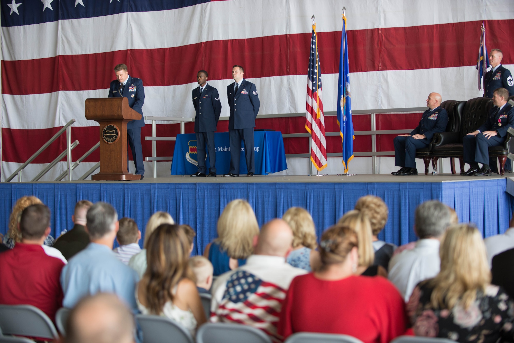 U.S. Air Force Col. Todd Hammond, the incoming 55th Maintenance Group (MXG) commander, speaks during a change of command ceremony July 25, 2018, at Offutt Air Force Base (AFB), Nebraska. Before coming to Offutt AFB, Hammond led the 51st Maintenance Group at Osan Air Base, Republic of Korea. (U.S. Air Force photo by Zachary Hada )