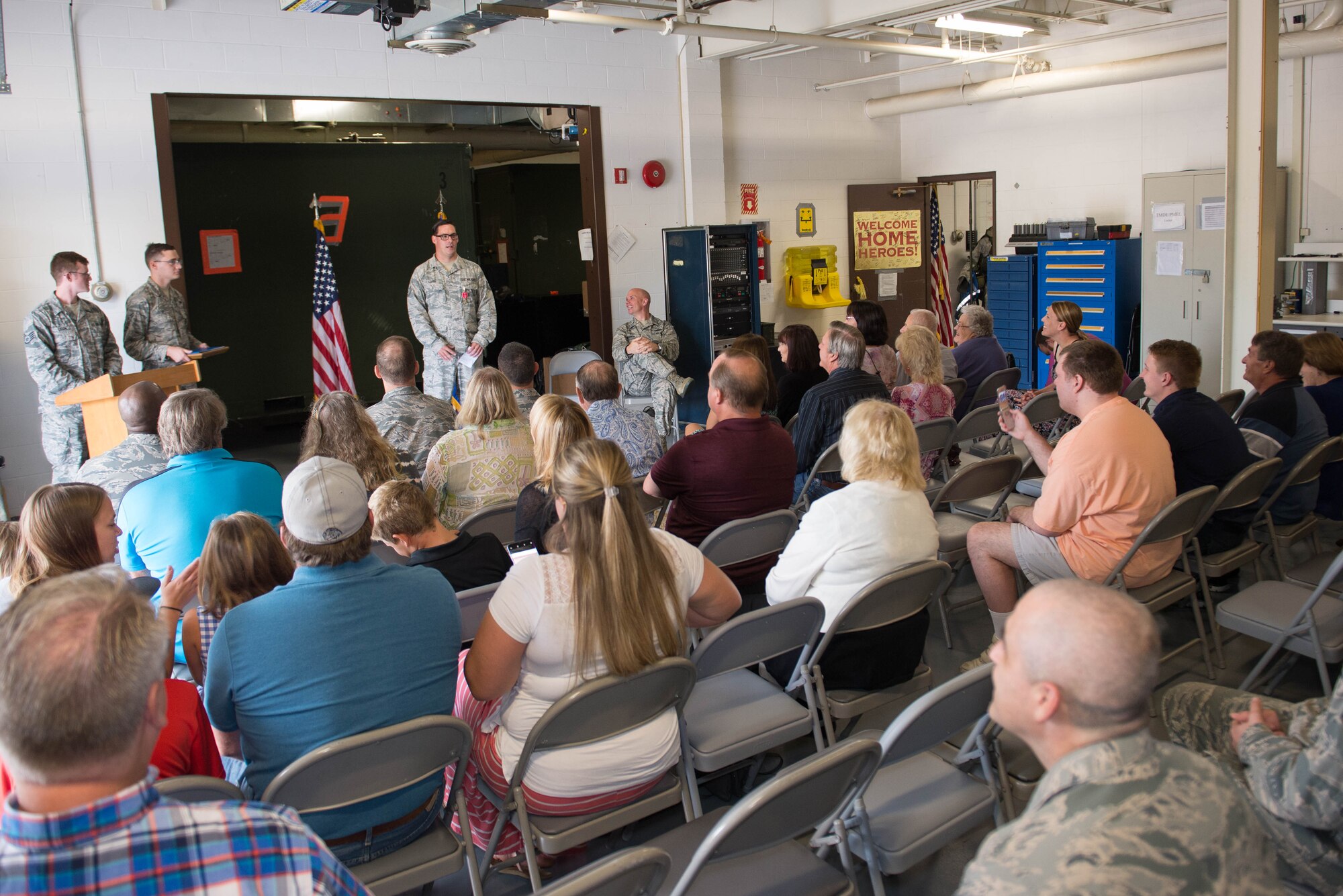 Tech. Sgt. William Adams, 55th Strategic Communications Squadron tactical radio supervisor, speaks to an audience at his Bronze Star Medal presentation ceremony Aug. 7, 2018, at Offutt Air Force Base, Nebraska. Adams was awarded the Bronze Star Medal for meritorious achievement during a yearlong deployment at Kandahar Airfield, Afghanistan. (U.S. Air Force photo by Zachary Hada)