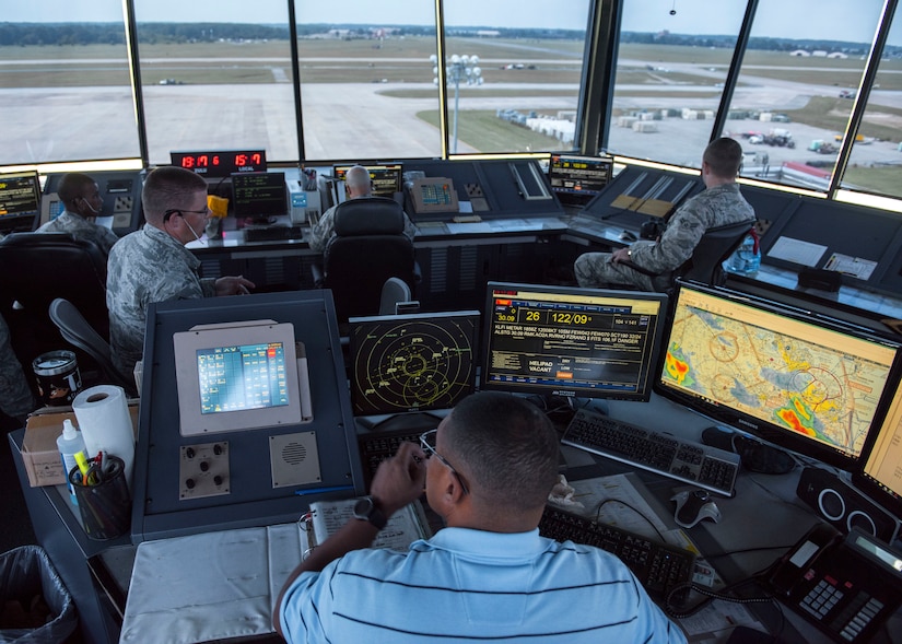 The U.S. Air Force 1st Operations Support Squadron air traffic control team monitors the air field at Joint Base Langley-Eustis, Virginia, Aug. 6, 2018.