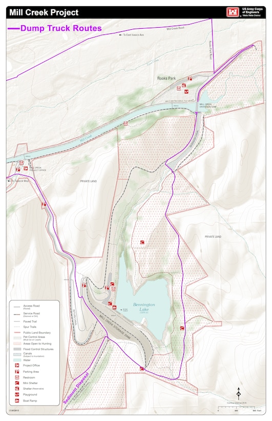 Contractors will begin work Monday, Aug. 13, to remove about 350 cubic yards of silt deposits from the interior of the Mill Creek Project diversion dam, located about 2 miles east of Walla Walla, Washington, requiring temporary and/or intermittent access closures to land areas near the work zone, U.S. Army Corps of Engineers officials announced today. A graphic-map of the construction area.