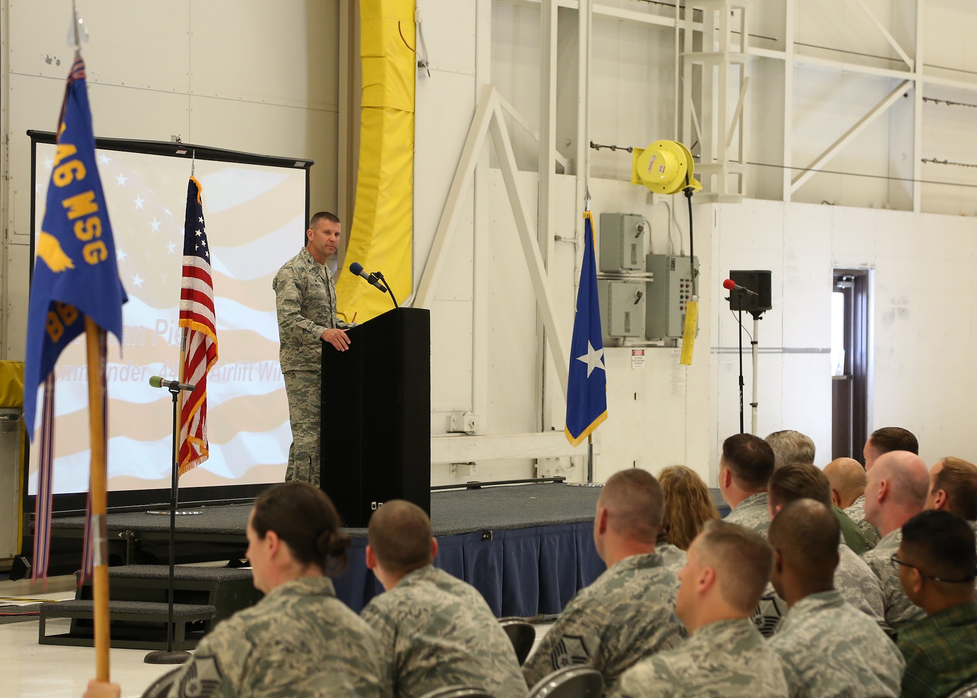 446th AW commander addresses Airmen during Commander's Call