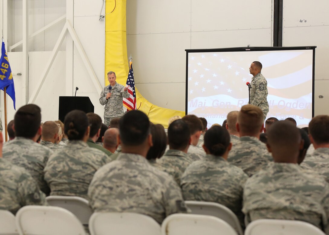 Maj. Gen. Odgen and Command Chief White address Rainier Wing Airmen during a Commander's Cal