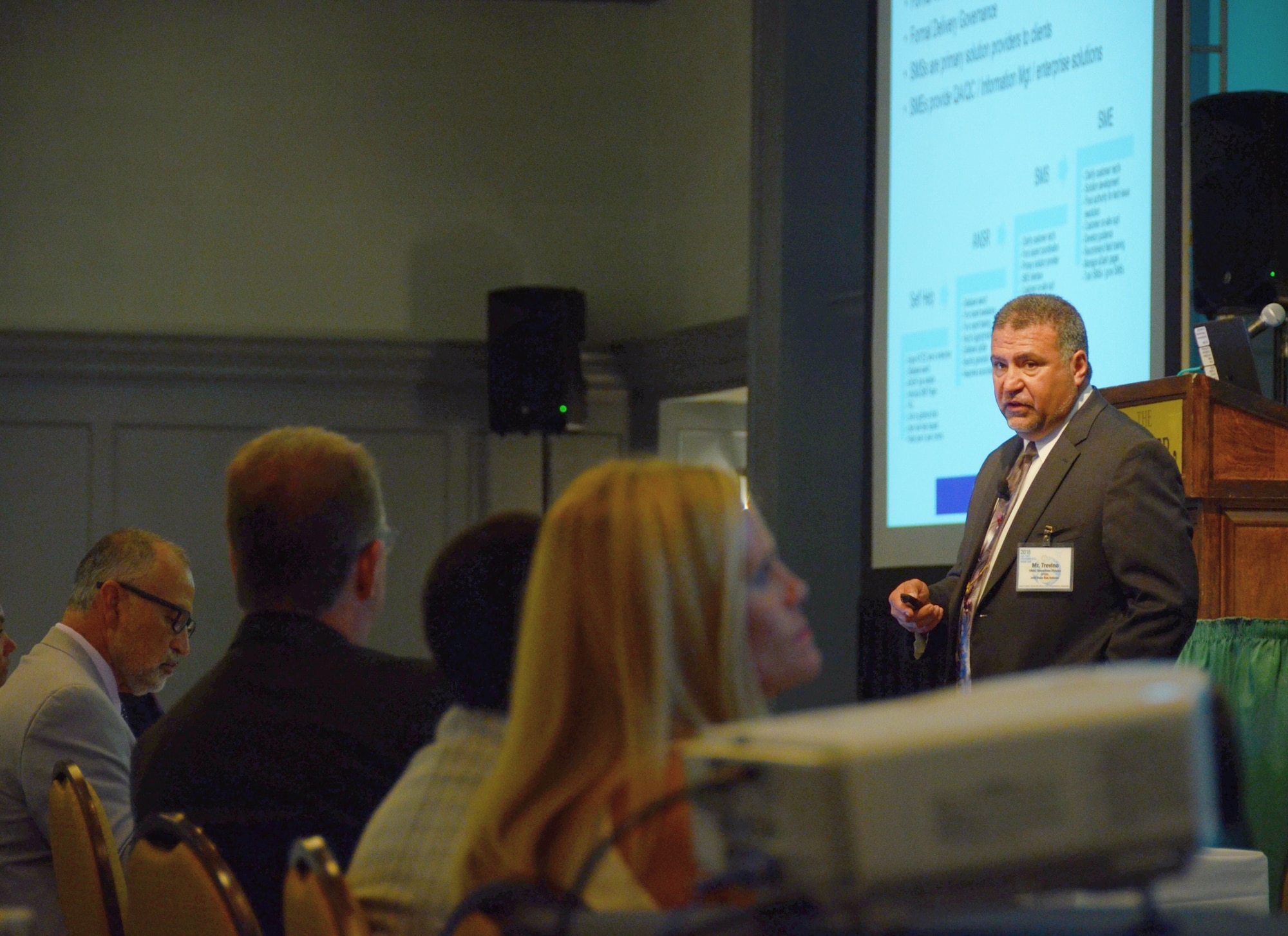 Richard Trevino gives Air Force Environmental Workshop attendees an overview of the Air Force Civil Engineer Center Environmental Management Directorate Operations Division Aug. 7 in San Antonio.