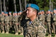 A member of the Armed Forces of the Republic of Kazakhstan salutes during the opening ceremony of Exercise STEPPE EAGLE 18. Kazakhstan continues to be a strategic and regional partner, and a significant contributor to regional stability. We are proud partners and welcome the opportunity to work together as a team.