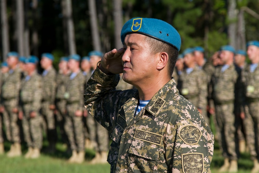 A member of the Armed Forces of the Republic of Kazakhstan salutes during the opening ceremony of Exercise STEPPE EAGLE 18. Kazakhstan continues to be a strategic and regional partner, and a significant contributor to regional stability. We are proud partners and welcome the opportunity to work together as a team.