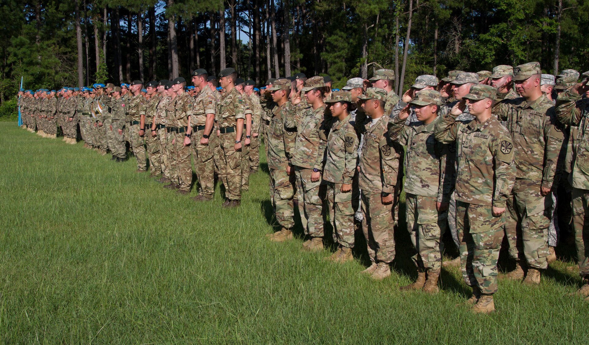 The soldiers of Exercise STEPPE EAGLE 18 listen to the playing of the national anthems during the opening ceremony.
The premier multi-national exercise STEPPE EAGLE 18 will help build trusted relationships and mutual understanding while allowing more than 250 participants to practice interoperability.