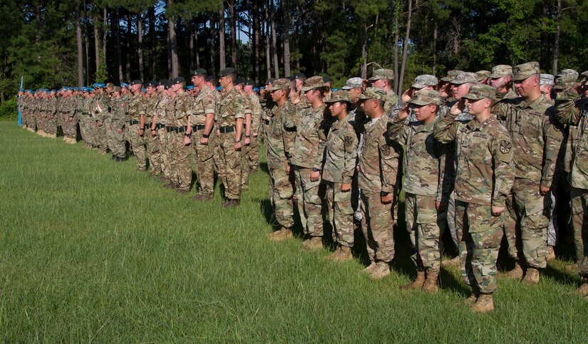 The soldiers of Exercise STEPPE EAGLE 18 listen to the playing of the national anthems during the opening ceremony.
The premier multi-national exercise STEPPE EAGLE 18 will help build trusted relationships and mutual understanding while allowing more than 250 participants to practice interoperability.