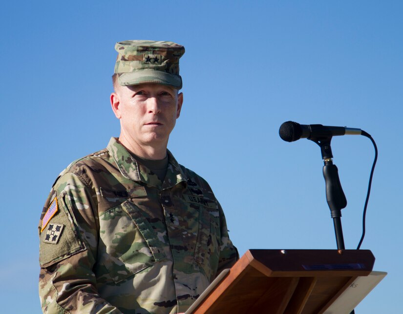 Maj. Gen. David Hill, U.S. Army Central Deputy Commander, addresses the multi-national formation during the opening ceremony of Exercise Steppe Eagle 18. Exercises like these strengthens and refines peaceful military-to-military relationships and underscores U.S. committment, and increases interoperability with participating nations.