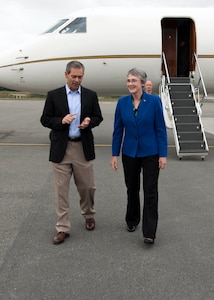 Secretary of the Air Force Heather Wilson is greeted by Lt. Gen. Kenneth S. Wilsbach, Commander of Alaska Command and the 11th Air Force at Joint Base Elmendorf-Richardson, Alaska, Aug.8, 2018. During her visit Wilson plans to meet with JBER Airmen and personally see the unique capabilities they bring to the Pacific theater.