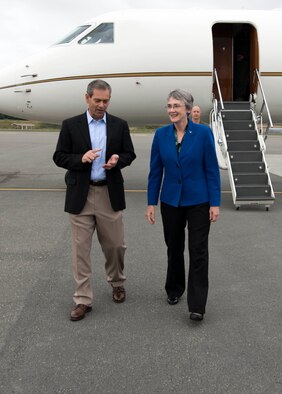 Secretary of the Air Force Heather Wilson is greeted by Lt. Gen. Kenneth S. Wilsbach, Commander of Alaska Command and the 11th Air Force at Joint Base Elmendorf-Richardson, Alaska, Aug.8, 2018. During her visit Wilson plans to meet with JBER Airmen and personally see the unique capabilities they bring to the Pacific theater.
