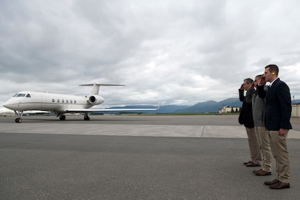 Secretary of the Air Force Heather Wilson arrives at Joint Base Elmendorf-Richardson, Alaska, Aug.8, 2018. During her visit Wilson plans to meet with JBER Airmen and personally see the unique capabilities they bring to the Pacific theater.
